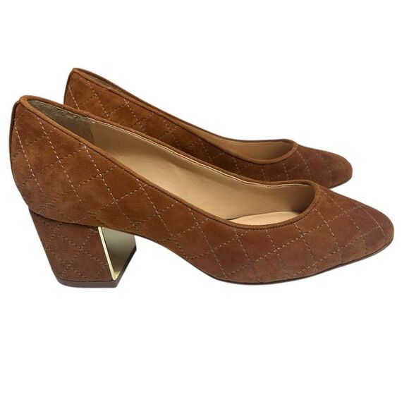 Talbots Brown Quilted Suede Heels Leather Block Heel Pumps Size 6 Made in Brazil - Picture 1 of 12